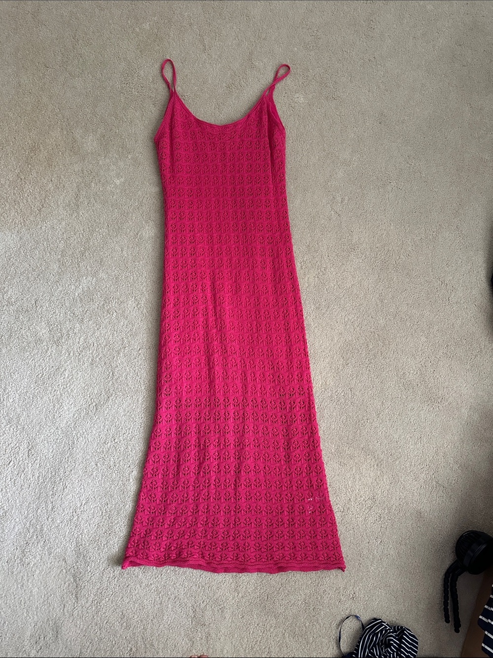 Lush Hot Pink Crochet Midi Dress with Spaghetti Straps